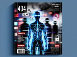 Düsteres Magazin-Titelbild mit abstrahierter KI-Silhouette, blau leuchtenden Datenströmen, zerbrochenen Datensätzen und Warnsymbolen vor verschwommenen Sci-Fi-Robotern.