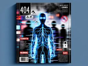 Düsteres Magazin-Titelbild mit abstrahierter KI-Silhouette, blau leuchtenden Datenströmen, zerbrochenen Datensätzen und Warnsymbolen vor verschwommenen Sci-Fi-Robotern.