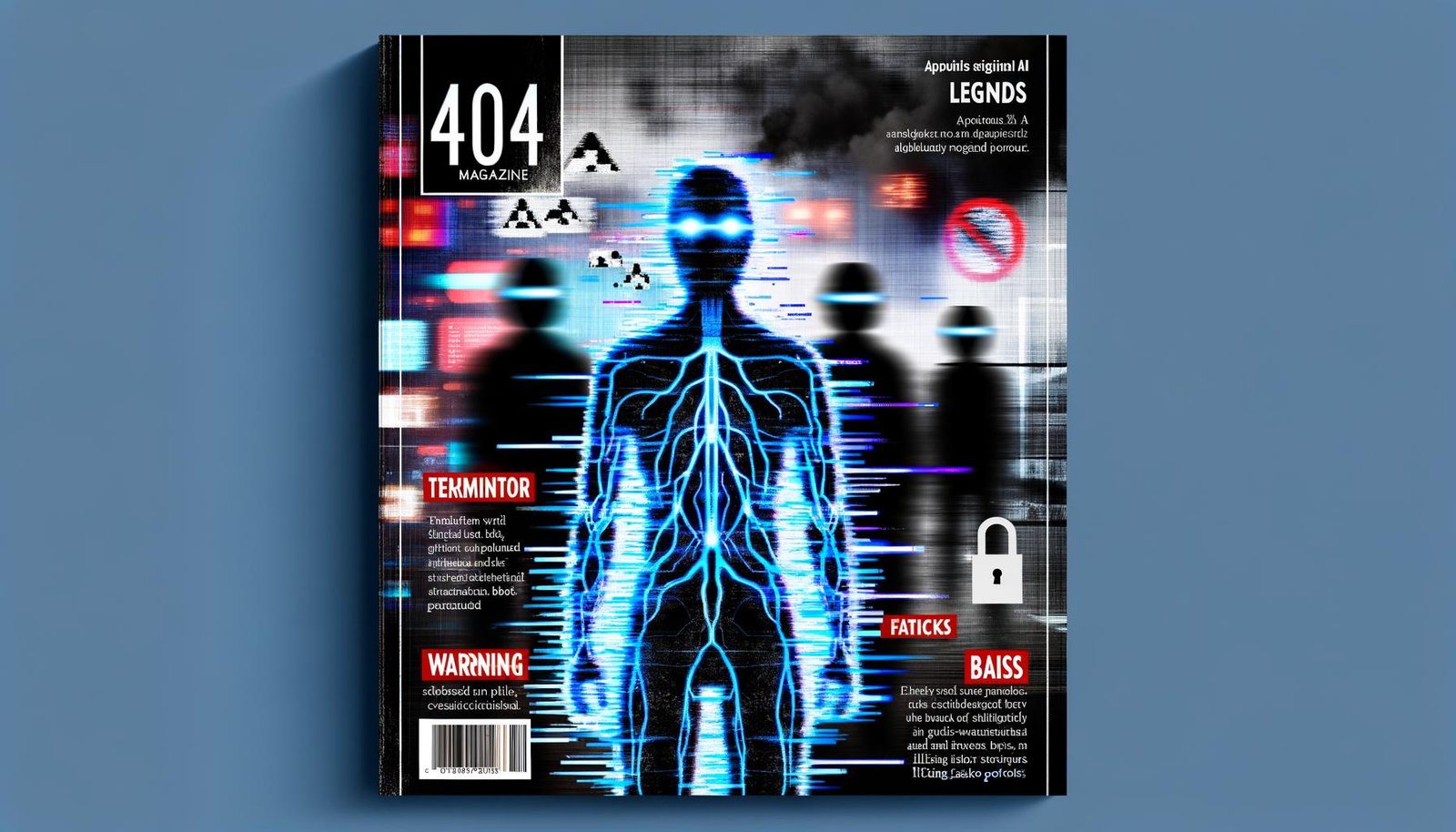 Düsteres Magazin-Titelbild mit abstrahierter KI-Silhouette, blau leuchtenden Datenströmen, zerbrochenen Datensätzen und Warnsymbolen vor verschwommenen Sci-Fi-Robotern.