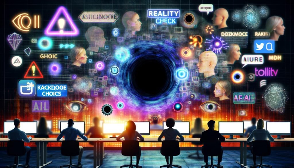 Düsteres, surreal wirkendes Online-Marketing-Büro mit Menschen an Bildschirmen, KI-Symbolen, einem zentralen schwarzen Loch, digitalen Icons und angespannten Gesichtern.