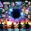 Düsteres, surreal wirkendes Online-Marketing-Büro mit Menschen an Bildschirmen, KI-Symbolen, einem zentralen schwarzen Loch, digitalen Icons und angespannten Gesichtern.