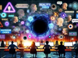 Düsteres, surreal wirkendes Online-Marketing-Büro mit Menschen an Bildschirmen, KI-Symbolen, einem zentralen schwarzen Loch, digitalen Icons und angespannten Gesichtern.