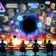 Düsteres, surreal wirkendes Online-Marketing-Büro mit Menschen an Bildschirmen, KI-Symbolen, einem zentralen schwarzen Loch, digitalen Icons und angespannten Gesichtern.