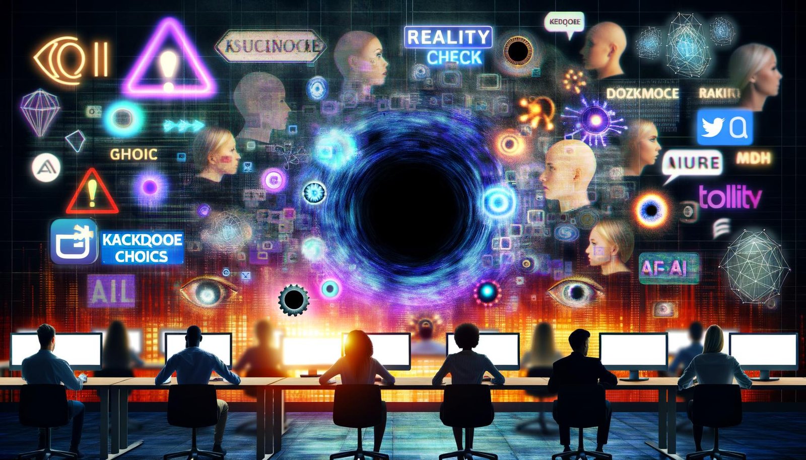 Düsteres, surreal wirkendes Online-Marketing-Büro mit Menschen an Bildschirmen, KI-Symbolen, einem zentralen schwarzen Loch, digitalen Icons und angespannten Gesichtern.