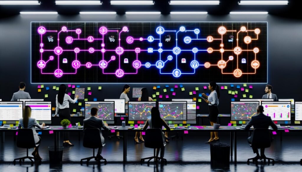 Hypermoderne Arbeitsumgebung mit mehreren großen Monitoren, die eine komplexe, bunte Customer Journey Map mit digitalen und physischen Berührungspunkten anzeigen. Verschiedene Marketing- und IT-Profis analysieren Echtzeitdaten und KPIs.