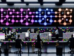 Hypermoderne Arbeitsumgebung mit mehreren großen Monitoren, die eine komplexe, bunte Customer Journey Map mit digitalen und physischen Berührungspunkten anzeigen. Verschiedene Marketing- und IT-Profis analysieren Echtzeitdaten und KPIs.