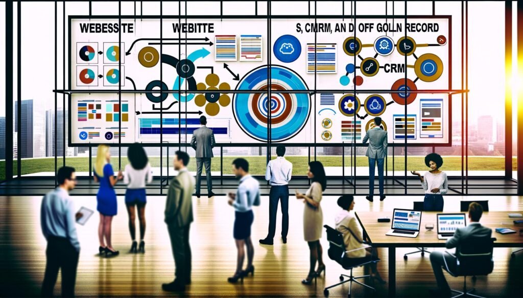 Dynamische Büroszene mit Marketern, die an digitalen Whiteboards und Monitoren arbeiten, auf denen komplexe Marketingdaten zu einem zentralen Kundenprofil zusammengeführt werden.