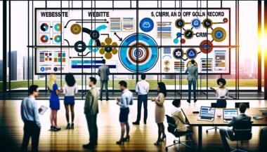 Dynamische Büroszene mit Marketern, die an digitalen Whiteboards und Monitoren arbeiten, auf denen komplexe Marketingdaten zu einem zentralen Kundenprofil zusammengeführt werden.