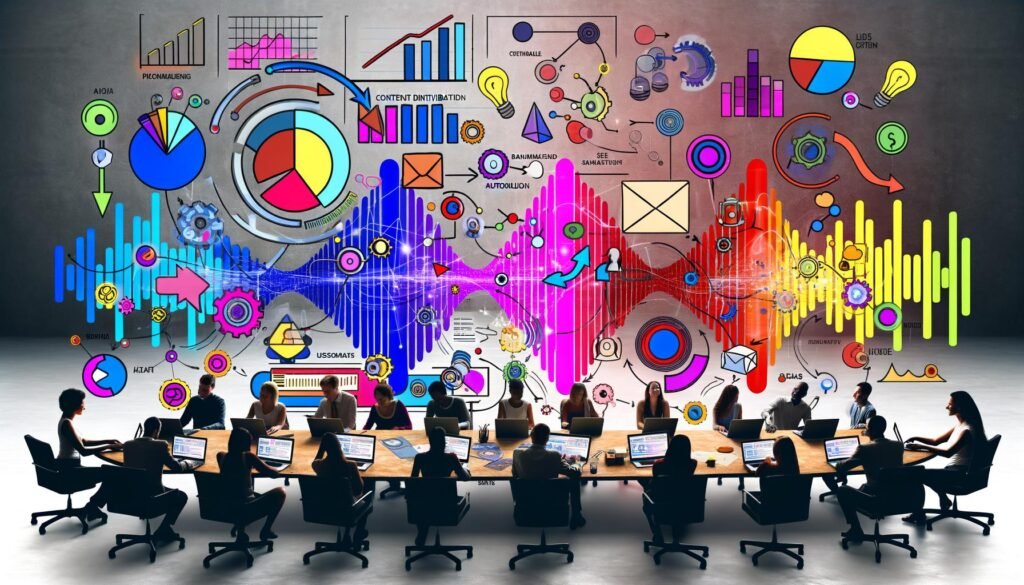 Modernes, vielfältiges Team bei der Zusammenarbeit in einem Hightech-Büro mit Audiowellenform, Automatisierung, visuellen Charts und Podcast-Tools, prominent mit Anchor und Spotify gebrandet.