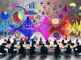 Modernes, vielfältiges Team bei der Zusammenarbeit in einem Hightech-Büro mit Audiowellenform, Automatisierung, visuellen Charts und Podcast-Tools, prominent mit Anchor und Spotify gebrandet.