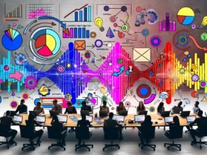 Modernes, vielfältiges Team bei der Zusammenarbeit in einem Hightech-Büro mit Audiowellenform, Automatisierung, visuellen Charts und Podcast-Tools, prominent mit Anchor und Spotify gebrandet.