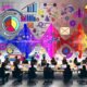 Modernes, vielfältiges Team bei der Zusammenarbeit in einem Hightech-Büro mit Audiowellenform, Automatisierung, visuellen Charts und Podcast-Tools, prominent mit Anchor und Spotify gebrandet.