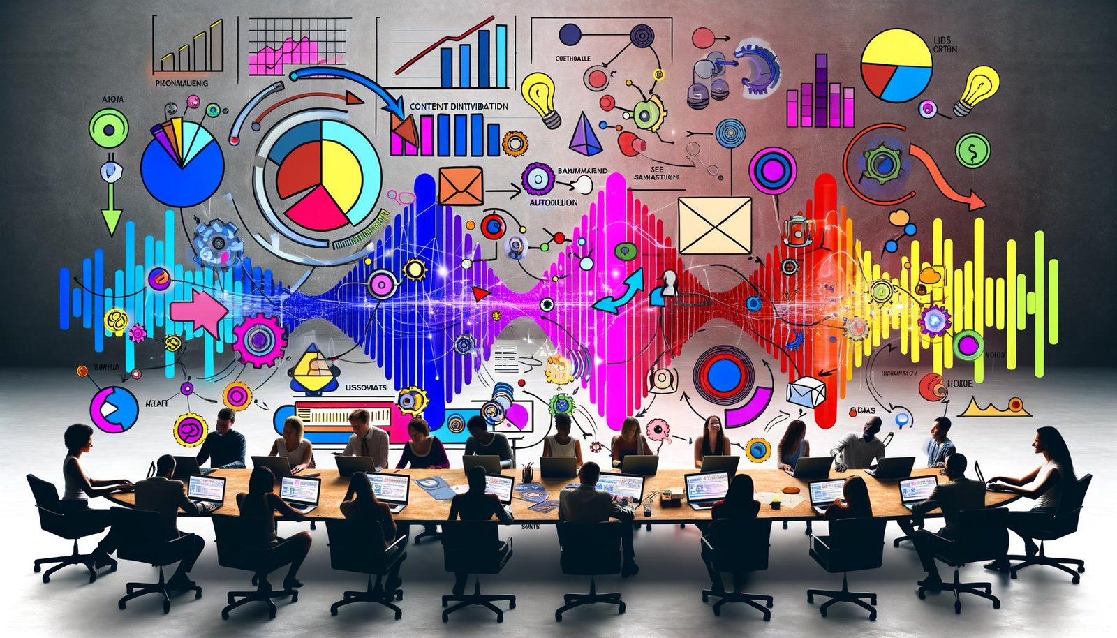 Modernes, vielfältiges Team bei der Zusammenarbeit in einem Hightech-Büro mit Audiowellenform, Automatisierung, visuellen Charts und Podcast-Tools, prominent mit Anchor und Spotify gebrandet.