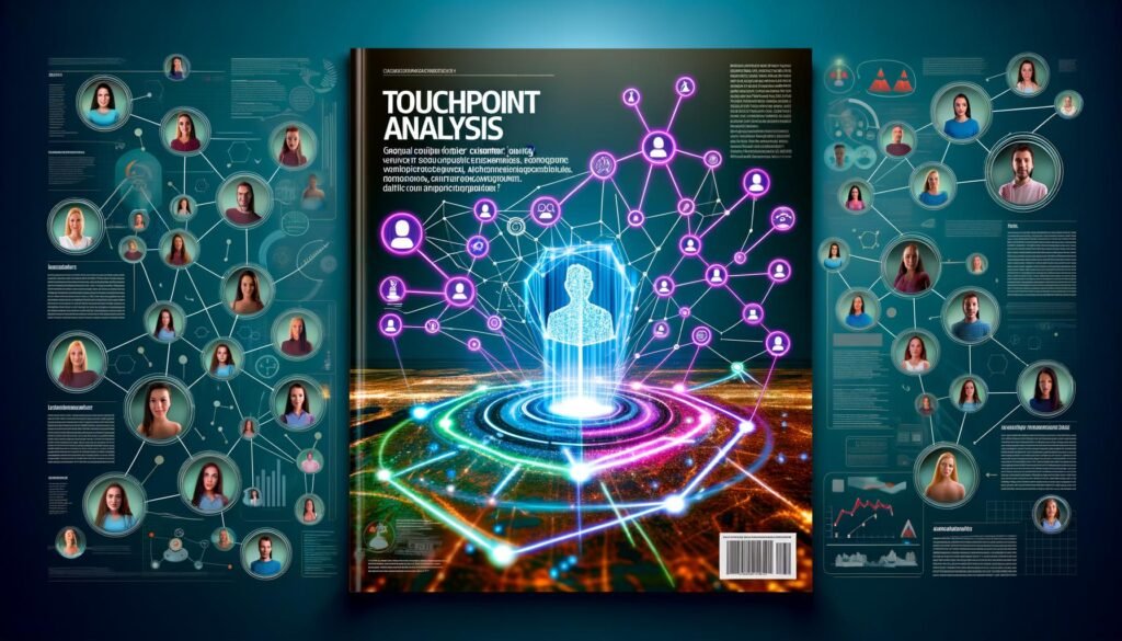 Digital illustrierte Customer-Journey-Landkarte mit leuchtenden Linien, Analytics-Elementen und anonymisierten, diversen Kundenfiguren, die zwischen verschiedenen Touchpoints wie Website, Social Media und Callcenter navigieren.