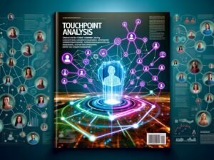Digital illustrierte Customer-Journey-Landkarte mit leuchtenden Linien, Analytics-Elementen und anonymisierten, diversen Kundenfiguren, die zwischen verschiedenen Touchpoints wie Website, Social Media und Callcenter navigieren.