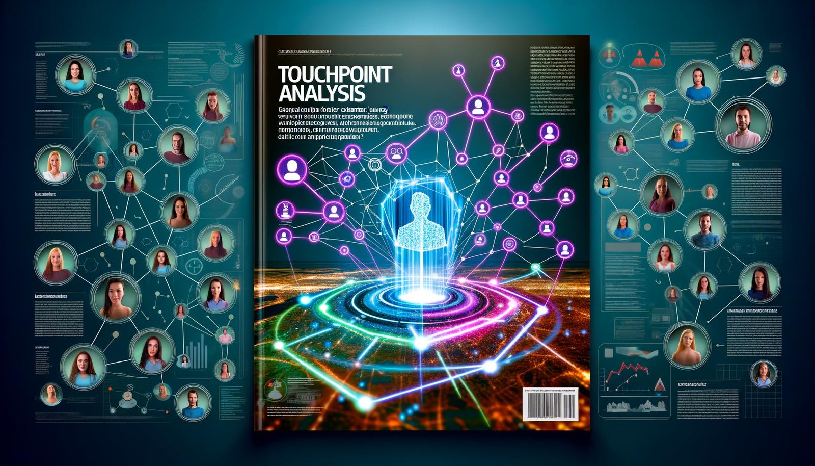 Digital illustrierte Customer-Journey-Landkarte mit leuchtenden Linien, Analytics-Elementen und anonymisierten, diversen Kundenfiguren, die zwischen verschiedenen Touchpoints wie Website, Social Media und Callcenter navigieren.