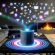 Futuristische Wohnzimmer-Szene mit Smart Speaker auf Couchtisch, Schallwellen, holografischen Markensymbolen und verblassenden Werbebannern im Hintergrund.