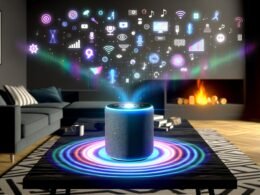 Futuristische Wohnzimmer-Szene mit Smart Speaker auf Couchtisch, Schallwellen, holografischen Markensymbolen und verblassenden Werbebannern im Hintergrund.