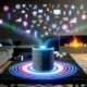 Futuristische Wohnzimmer-Szene mit Smart Speaker auf Couchtisch, Schallwellen, holografischen Markensymbolen und verblassenden Werbebannern im Hintergrund.