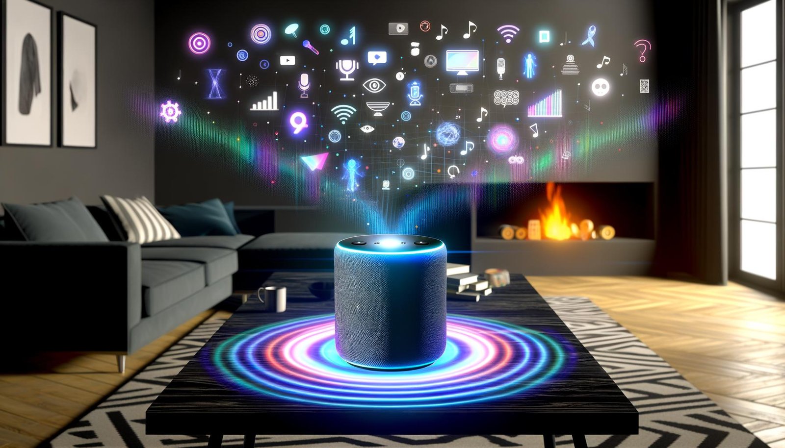 Futuristische Wohnzimmer-Szene mit Smart Speaker auf Couchtisch, Schallwellen, holografischen Markensymbolen und verblassenden Werbebannern im Hintergrund.