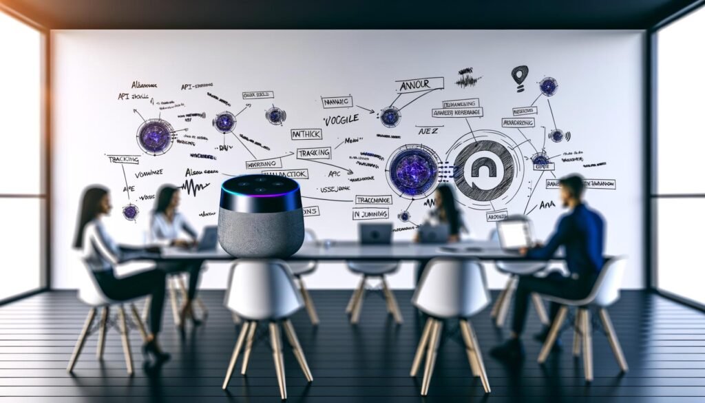 Moderne Büroszene mit Anchor Smart Speaker, Marketers arbeiten an Laptops zum Thema Voice Search und API-Integration, Whiteboard mit Keywords wie Alexa Skills und Google Actions, Hightech-Atmosphäre.