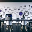 Moderne Büroszene mit Anchor Smart Speaker, Marketers arbeiten an Laptops zum Thema Voice Search und API-Integration, Whiteboard mit Keywords wie Alexa Skills und Google Actions, Hightech-Atmosphäre.
