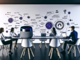 Moderne Büroszene mit Anchor Smart Speaker, Marketers arbeiten an Laptops zum Thema Voice Search und API-Integration, Whiteboard mit Keywords wie Alexa Skills und Google Actions, Hightech-Atmosphäre.