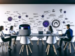 Moderne Büroszene mit Anchor Smart Speaker, Marketers arbeiten an Laptops zum Thema Voice Search und API-Integration, Whiteboard mit Keywords wie Alexa Skills und Google Actions, Hightech-Atmosphäre.