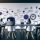 Moderne Büroszene mit Anchor Smart Speaker, Marketers arbeiten an Laptops zum Thema Voice Search und API-Integration, Whiteboard mit Keywords wie Alexa Skills und Google Actions, Hightech-Atmosphäre.