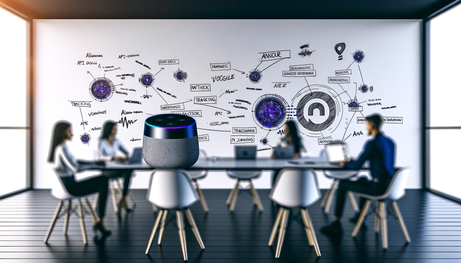 Moderne Büroszene mit Anchor Smart Speaker, Marketers arbeiten an Laptops zum Thema Voice Search und API-Integration, Whiteboard mit Keywords wie Alexa Skills und Google Actions, Hightech-Atmosphäre.