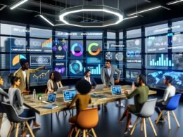 Hochmoderne Arbeitsumgebung mit großen Bildschirmen, die Marketing-KPIs und Social-Media-Analysen für Instagram, TikTok und YouTube zeigen, während ein diverses Team Strategien bespricht.