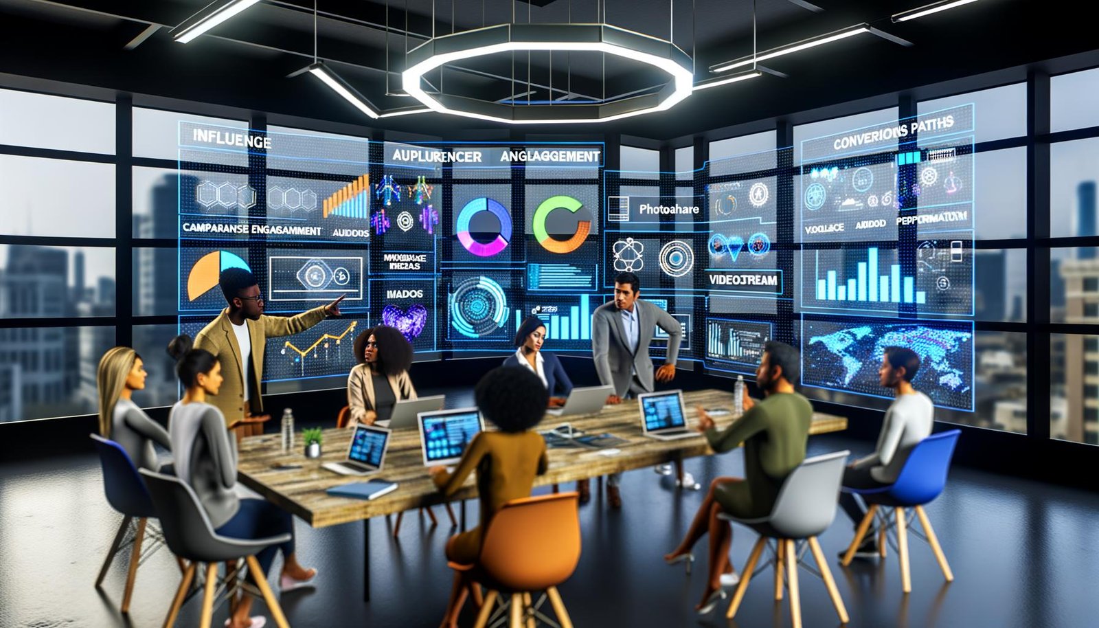 Hochmoderne Arbeitsumgebung mit großen Bildschirmen, die Marketing-KPIs und Social-Media-Analysen für Instagram, TikTok und YouTube zeigen, während ein diverses Team Strategien bespricht.