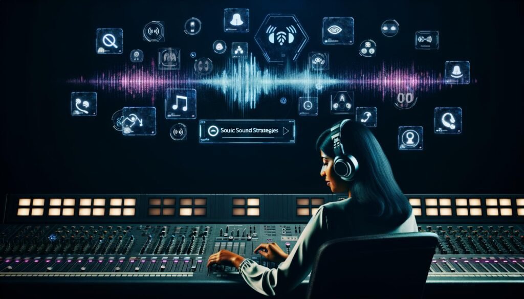 Markenstratege mit Kopfhörern am futuristischen Mixpult, umgeben von Soundwellen, Hologrammen, Markenlogos und digitalen Interfaces in moderner Studio-Atmosphäre.