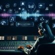 Markenstratege mit Kopfhörern am futuristischen Mixpult, umgeben von Soundwellen, Hologrammen, Markenlogos und digitalen Interfaces in moderner Studio-Atmosphäre.