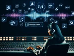 Markenstratege mit Kopfhörern am futuristischen Mixpult, umgeben von Soundwellen, Hologrammen, Markenlogos und digitalen Interfaces in moderner Studio-Atmosphäre.