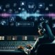 Markenstratege mit Kopfhörern am futuristischen Mixpult, umgeben von Soundwellen, Hologrammen, Markenlogos und digitalen Interfaces in moderner Studio-Atmosphäre.