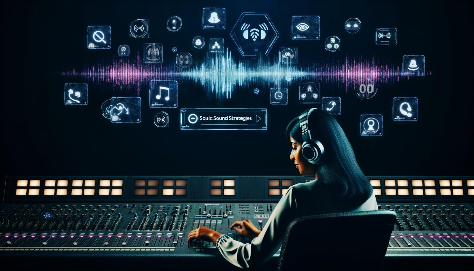 Markenstratege mit Kopfhörern am futuristischen Mixpult, umgeben von Soundwellen, Hologrammen, Markenlogos und digitalen Interfaces in moderner Studio-Atmosphäre.