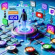Visualisierung eines digitalen Netzwerks, in dem eine zentrale Marke Datenströme zwischen Social-Media-Plattformen wie Instagram, TikTok, YouTube und Twitch steuert, umgeben von Dashboard-Grafiken und API-Integrationen.