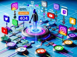 Visualisierung eines digitalen Netzwerks, in dem eine zentrale Marke Datenströme zwischen Social-Media-Plattformen wie Instagram, TikTok, YouTube und Twitch steuert, umgeben von Dashboard-Grafiken und API-Integrationen.