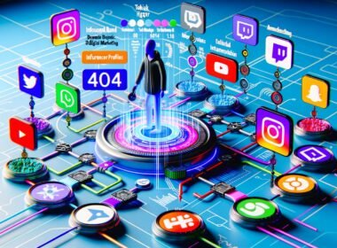 Visualisierung eines digitalen Netzwerks, in dem eine zentrale Marke Datenströme zwischen Social-Media-Plattformen wie Instagram, TikTok, YouTube und Twitch steuert, umgeben von Dashboard-Grafiken und API-Integrationen.