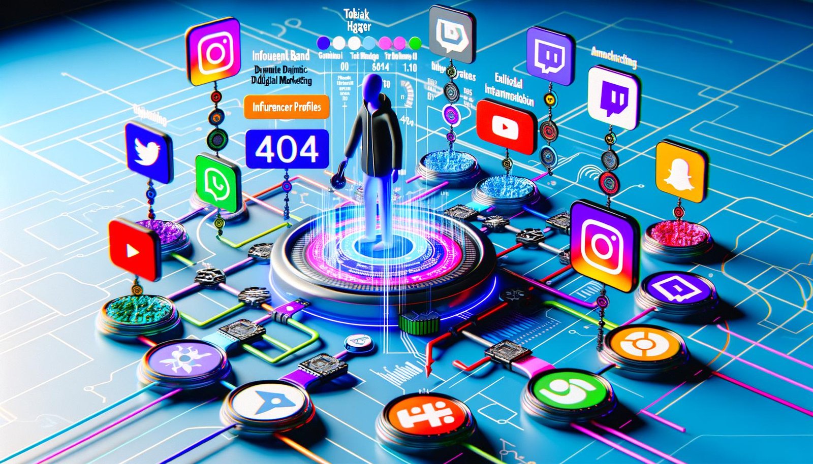 Visualisierung eines digitalen Netzwerks, in dem eine zentrale Marke Datenströme zwischen Social-Media-Plattformen wie Instagram, TikTok, YouTube und Twitch steuert, umgeben von Dashboard-Grafiken und API-Integrationen.