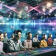 Junges Team mit Kopfhörern arbeitet in futuristischer Umgebung mit schwebenden Klangwellen und Anchor Software für 3D-Audio am Computer.