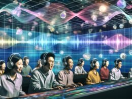 Junges Team mit Kopfhörern arbeitet in futuristischer Umgebung mit schwebenden Klangwellen und Anchor Software für 3D-Audio am Computer.