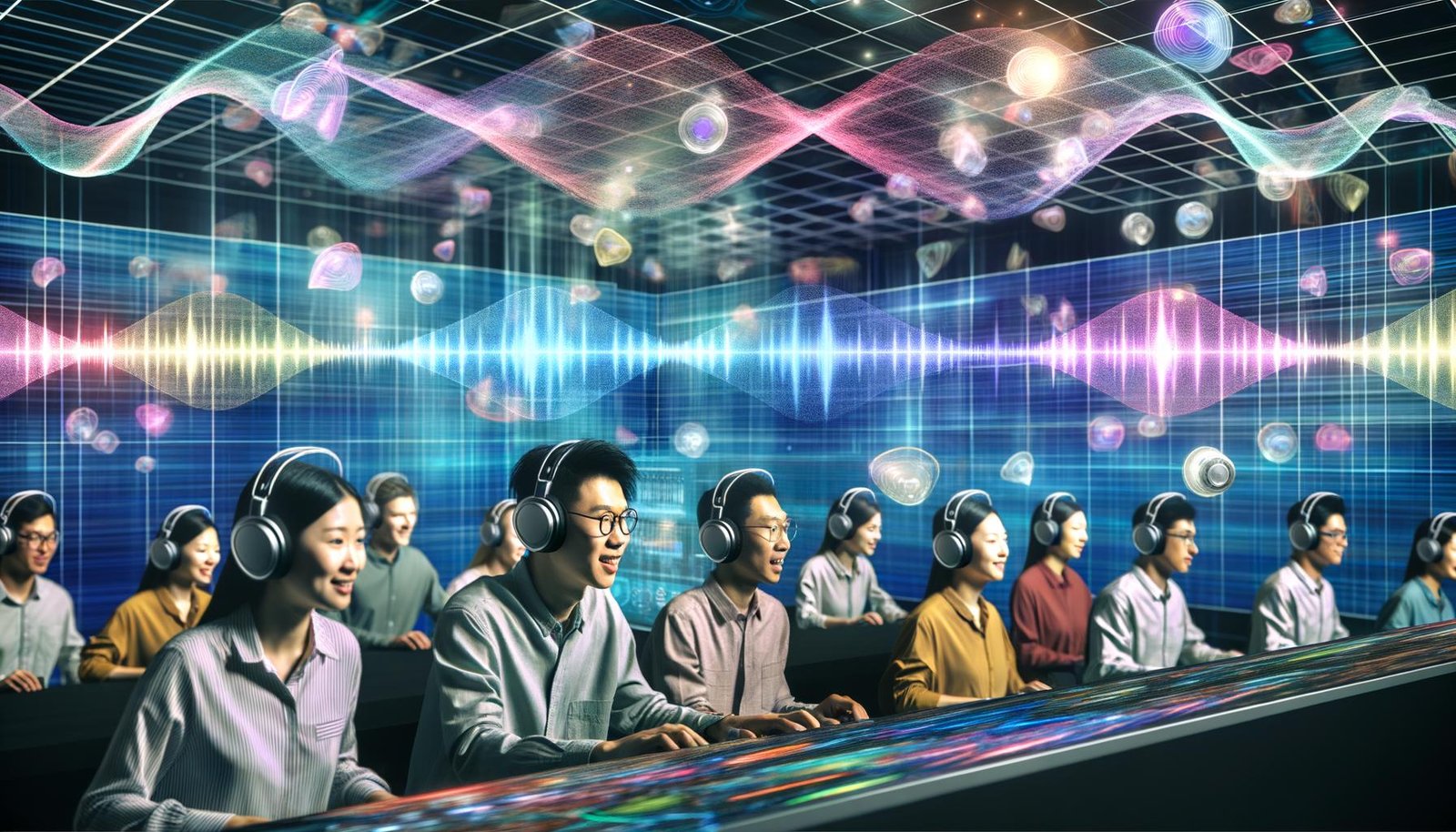 Junges Team mit Kopfhörern arbeitet in futuristischer Umgebung mit schwebenden Klangwellen und Anchor Software für 3D-Audio am Computer.