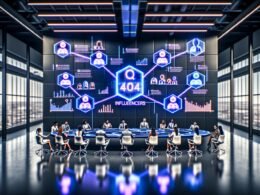 Marketing-Profis analysieren digitale Dashboards und KI-Berichte in einem futuristischen Büro mit Echtzeit-Influencer-Analytics und holografischen Displays.