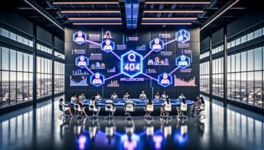 Marketing-Profis analysieren digitale Dashboards und KI-Berichte in einem futuristischen Büro mit Echtzeit-Influencer-Analytics und holografischen Displays.