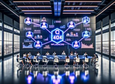 Marketing-Profis analysieren digitale Dashboards und KI-Berichte in einem futuristischen Büro mit Echtzeit-Influencer-Analytics und holografischen Displays.
