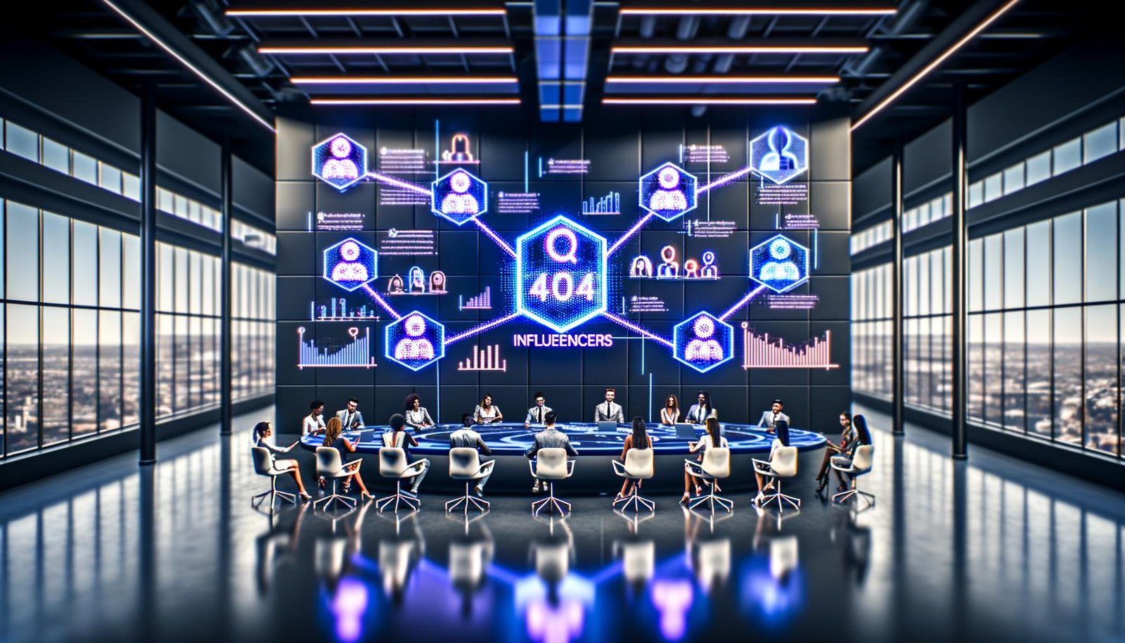 Marketing-Profis analysieren digitale Dashboards und KI-Berichte in einem futuristischen Büro mit Echtzeit-Influencer-Analytics und holografischen Displays.