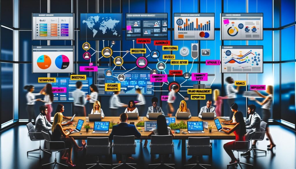 Verschiedenes Marketing-Team in modernem Büro, das an Laptops arbeitet. Im Hintergrund sind Social-Media-Dashboards, KPI-Grafiken und Influencer-Profile auf Bildschirmen sichtbar. Mitarbeiter legen bunte Post-Its mit strategischen Begriffen auf den Tisch.