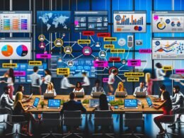 Verschiedenes Marketing-Team in modernem Büro, das an Laptops arbeitet. Im Hintergrund sind Social-Media-Dashboards, KPI-Grafiken und Influencer-Profile auf Bildschirmen sichtbar. Mitarbeiter legen bunte Post-Its mit strategischen Begriffen auf den Tisch.